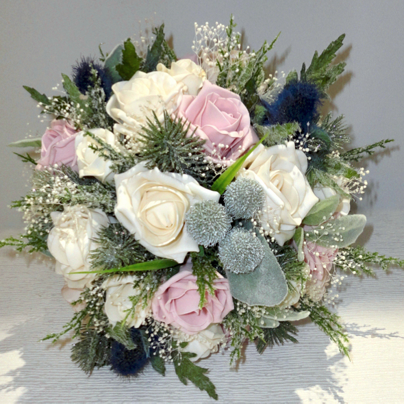 Pale Dusky Pink & Cream Wedding Bouquet with pine foliage, christmas wedding, christmas wedding flowers